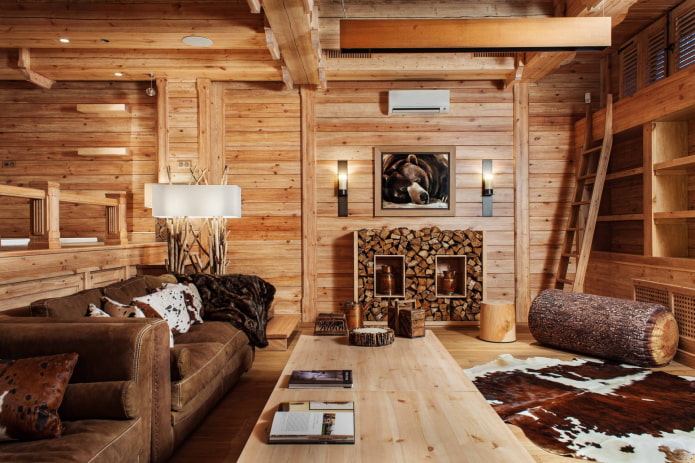 intérieur d'une maison en rondins de style chalet