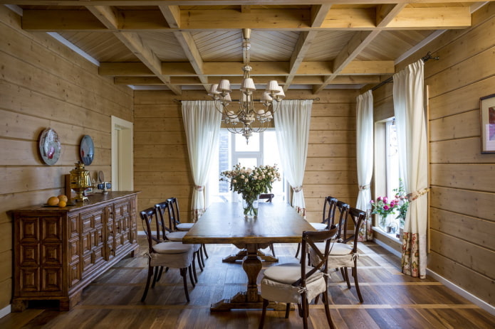 Aménagement de cuisine à l'intérieur d'une maison en rondins