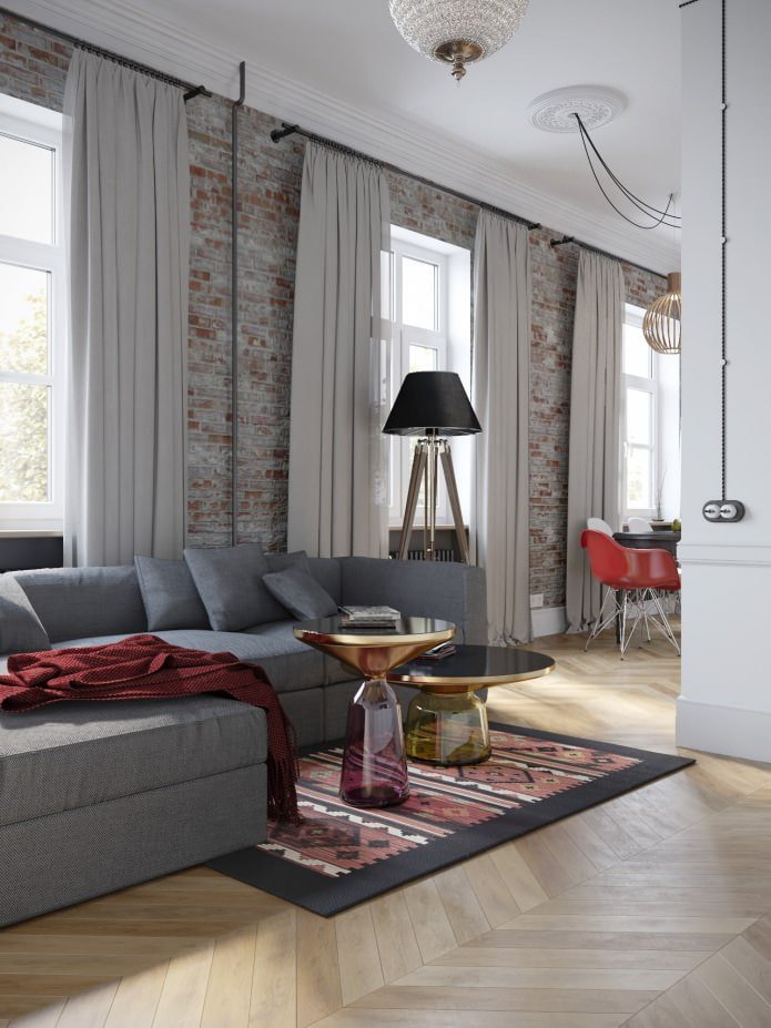 Cuisine-séjour dans un projet d'aménagement d'un appartement de 100 m²