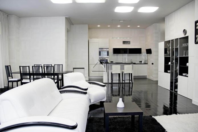 Intérieur de cuisine-salon noir et blanc