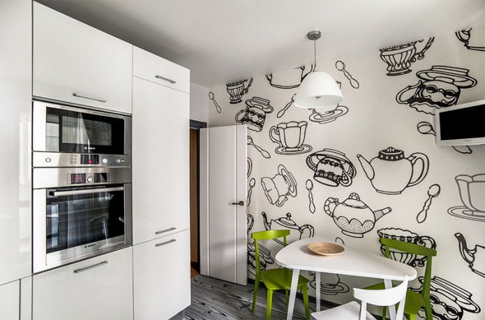 Intérieur de cuisine noir et blanc avec ajout de vert