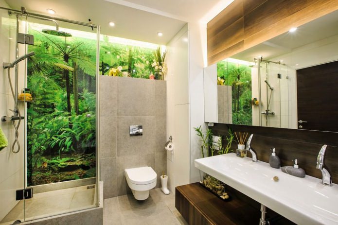 Aménagement de salle de bain avec cabine de douche de style éco-responsable moderne
