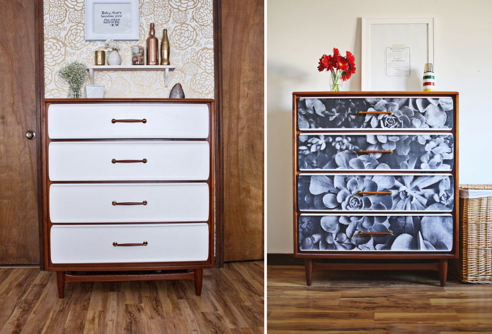 Une commode recouverte de papier peint photo