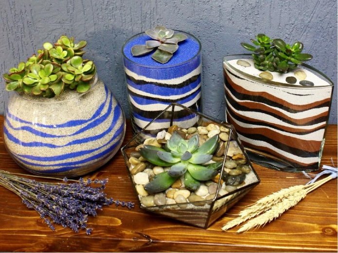 pots with colorful sand