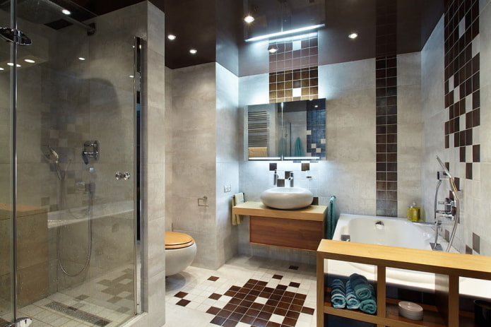 plafond tendu marron dans la salle de bain