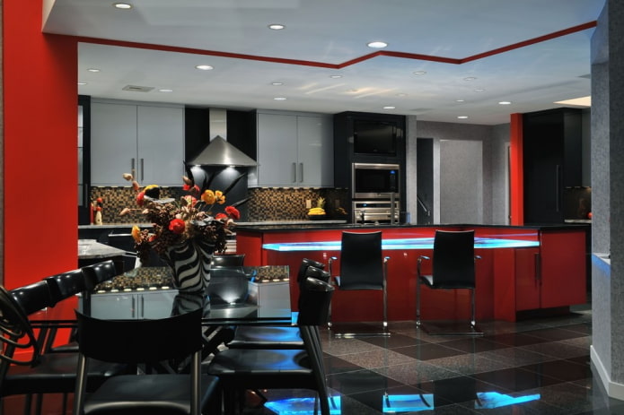 Cuisine rouge et noire avec armoires grises