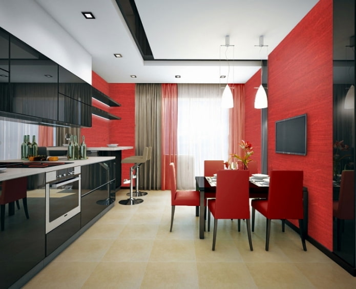 rideaux pour une cuisine rouge et noire