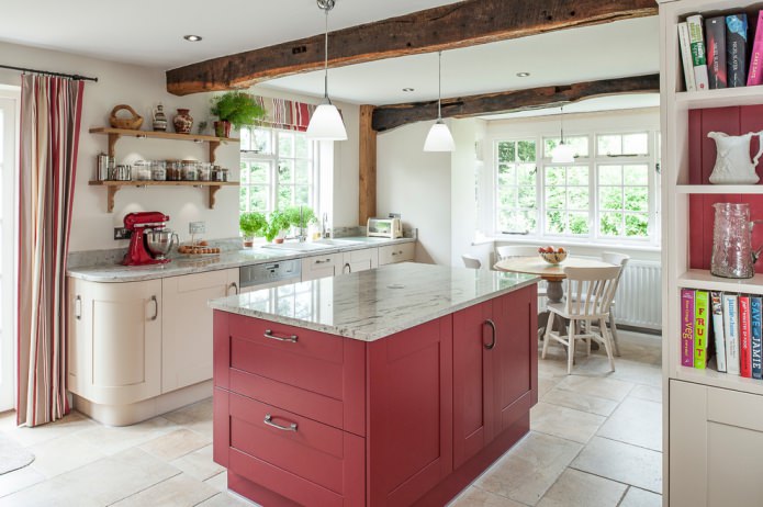 Ensemble de cuisine rouge et beige de style campagnard