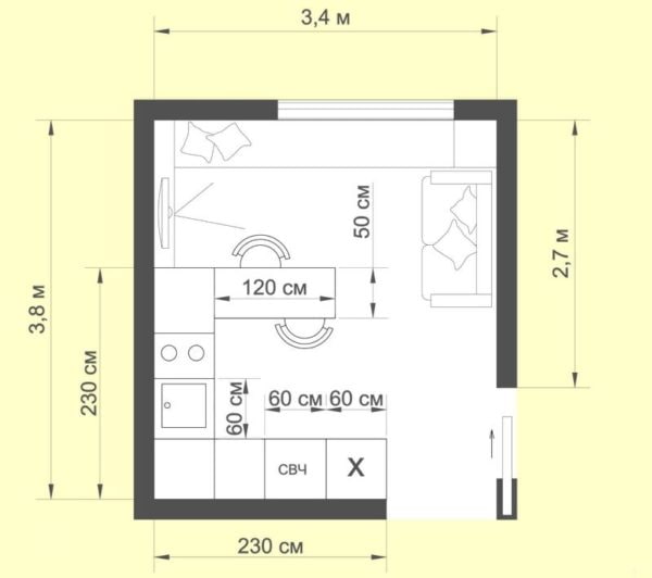 planification d'une cuisine-salon de 12 m²