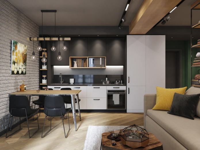 intérieur d'une cuisine-salon de 15 mètres carrés dans un style loft