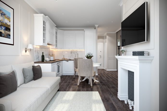 Intérieur d'une cuisine-salon de 15 m² de style classique