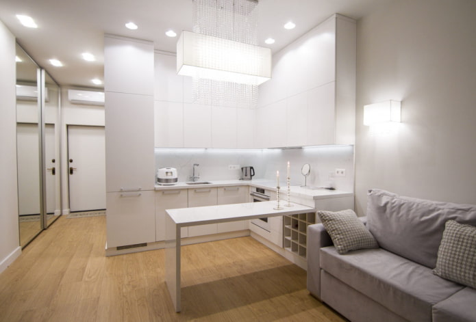 Intérieur d'une cuisine-salon de 15 m² dans un style high-tech
