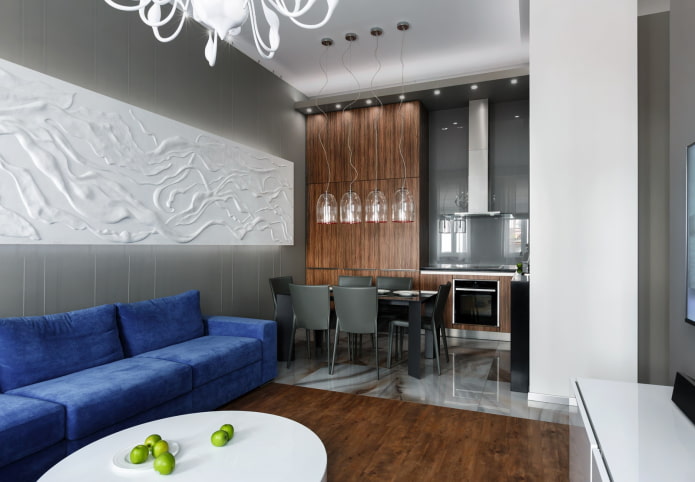 Intérieur d'une cuisine-salon de 15 m² de style moderne