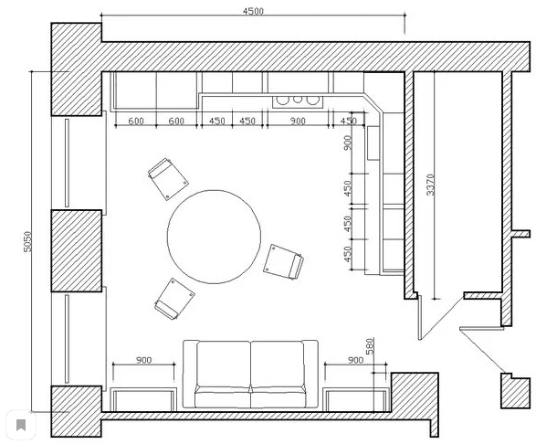cuisine-salon carrée de 16 m²