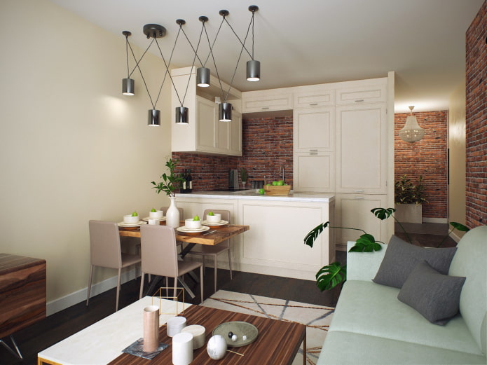 Aménagement intérieur d'une cuisine-salon de 16 mètres carrés mètres