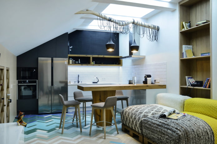 Cuisine-salon sous les combles
