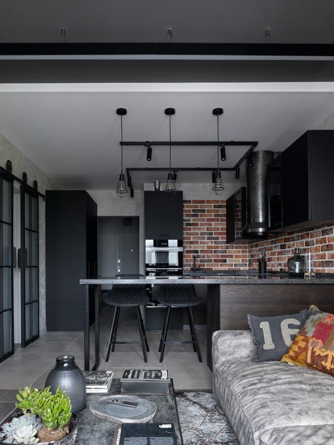Studio de style loft avec comptoir bar