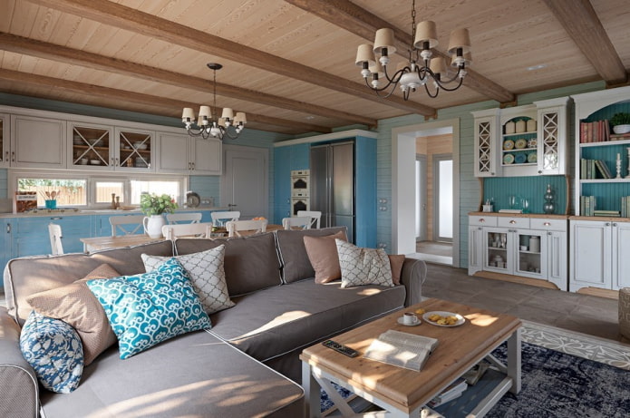 intérieur de la cuisine-salon de style provençal