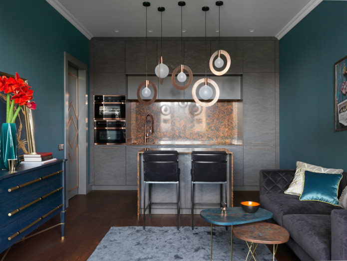 Intérieur de cuisine et de salon dans des tons sombres