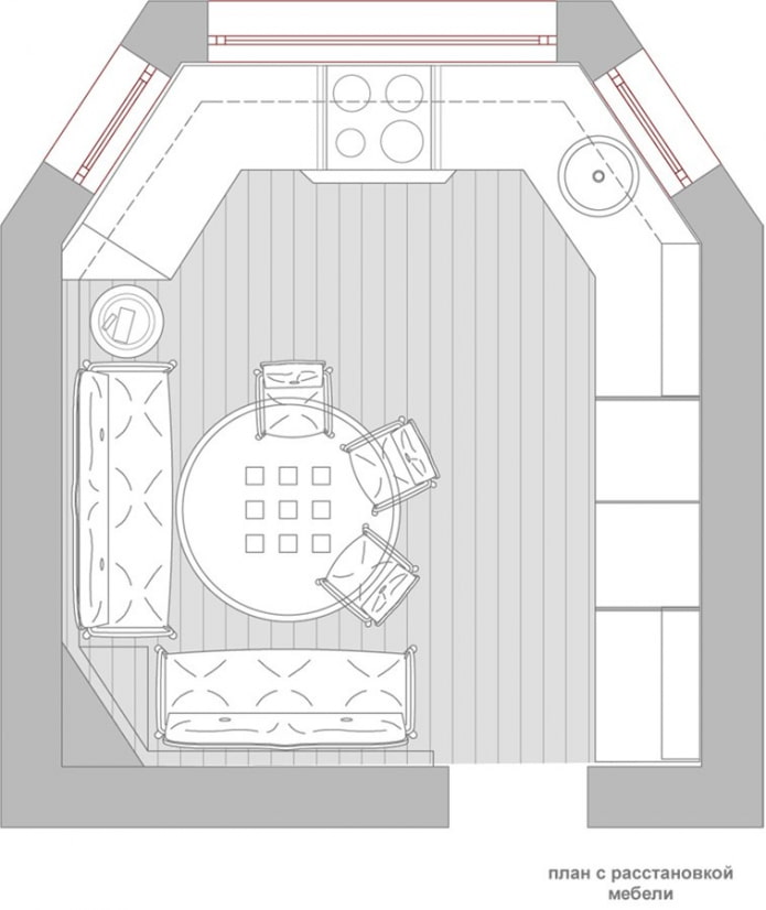 Plan de cuisine-salon avec une disposition non standard