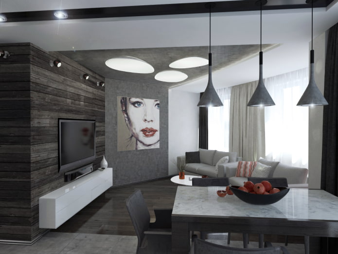 Intérieur de cuisine-salon avec une disposition non standard