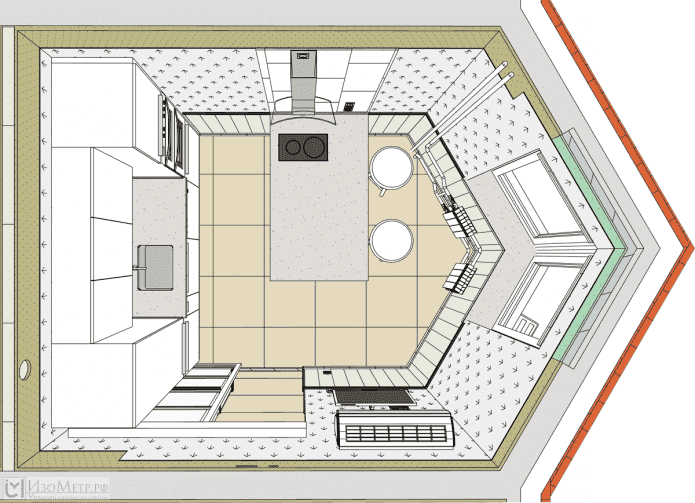 agencement de cuisine avec une baie vitrée triangulaire