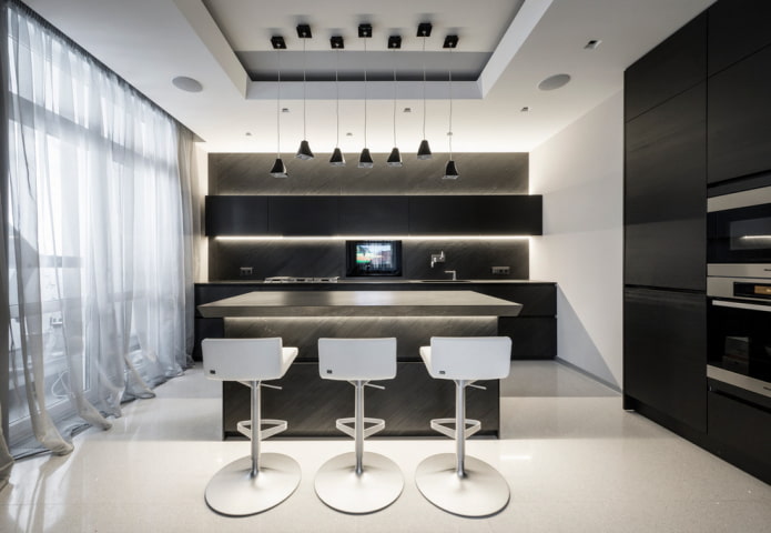 Îlot central dans une cuisine de style high-tech