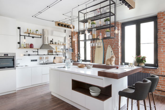Îlot central dans une cuisine de style loft