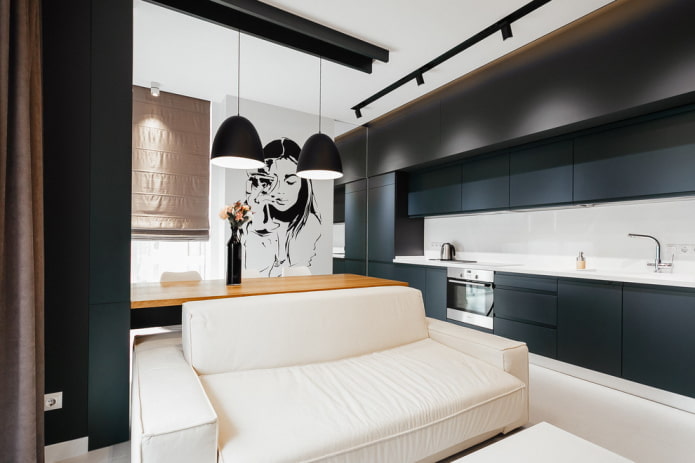 intérieur avec coin cuisine sur le mur latéral
