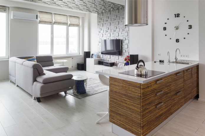 intérieur d'un studio de cuisine avec un îlot