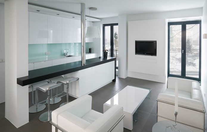 Aménagement intérieur d'une cuisine-studio de style minimaliste