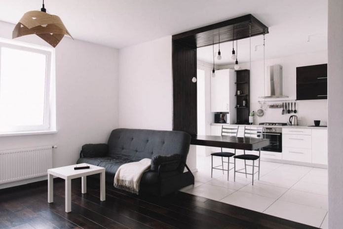 intérieur d'une cuisine-studio avec finition décorative