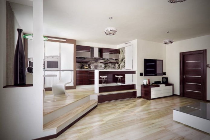 intérieur d'une cuisine-studio avec un plancher podium