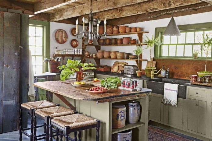 Décoration et éclairage de cuisine dans un style rustique