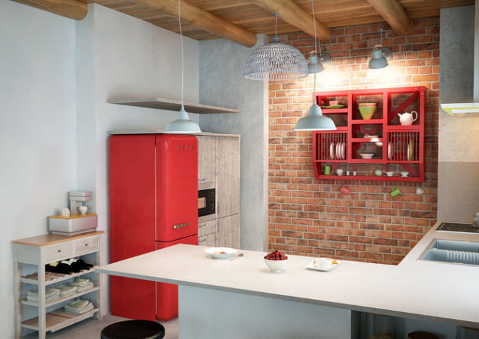 cuisine blanche et rouge style loft