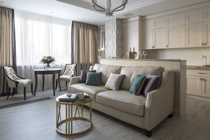 intérieur d'un appartement de 70 mètres carrés de style néoclassique