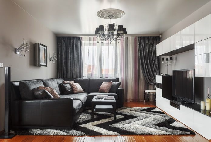 Plafond tendu avec lustre dans le salon