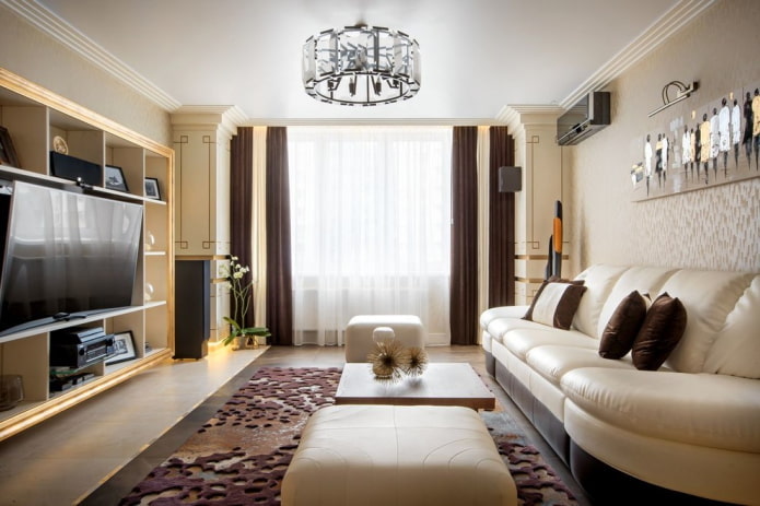Plafond tendu avec lustre dans le salon