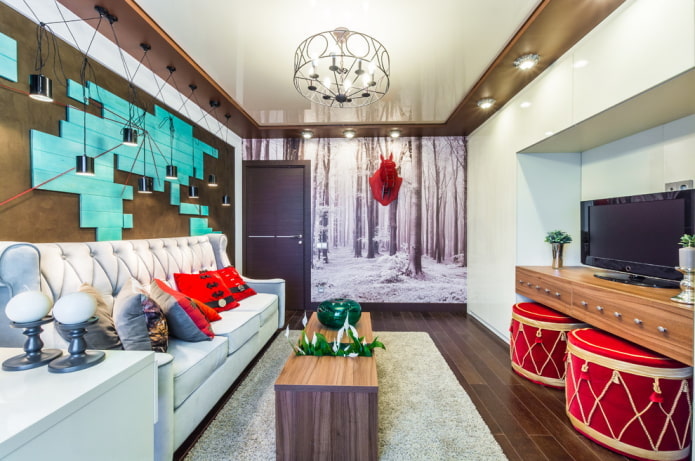 Plafond tendu avec lustre dans le salon