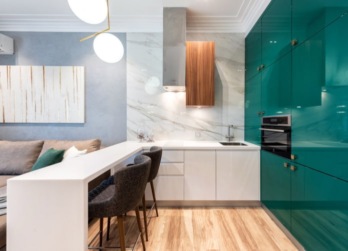 Appareils électroménagers à l'intérieur d'une petite cuisine-salon