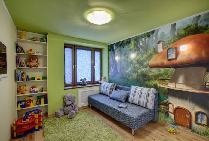 Plafond tendu vert dans la chambre de bébé