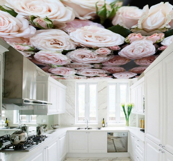 plafond avec une image de fleurs dans la cuisine