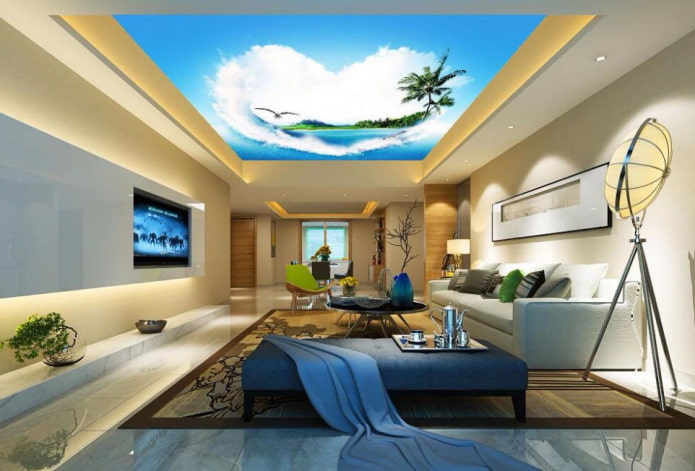 plafond avec une image d'une plage dans le salon
