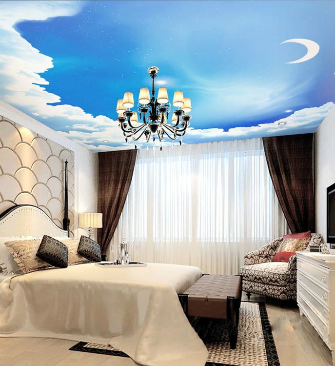 plafond avec une image de ciel dans la chambre