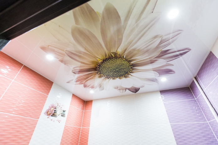 Plafond avec impression photo dans la salle de bain