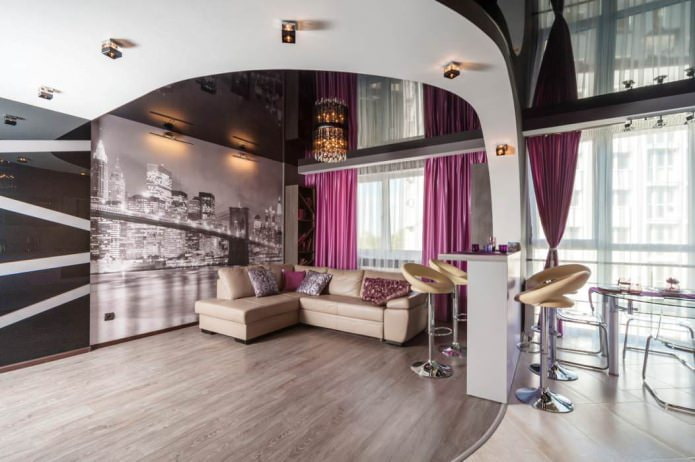 Plafond tendu à deux niveaux dans la cuisine-salon