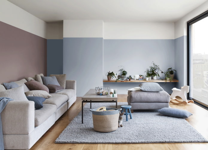 Salon beige et bleu