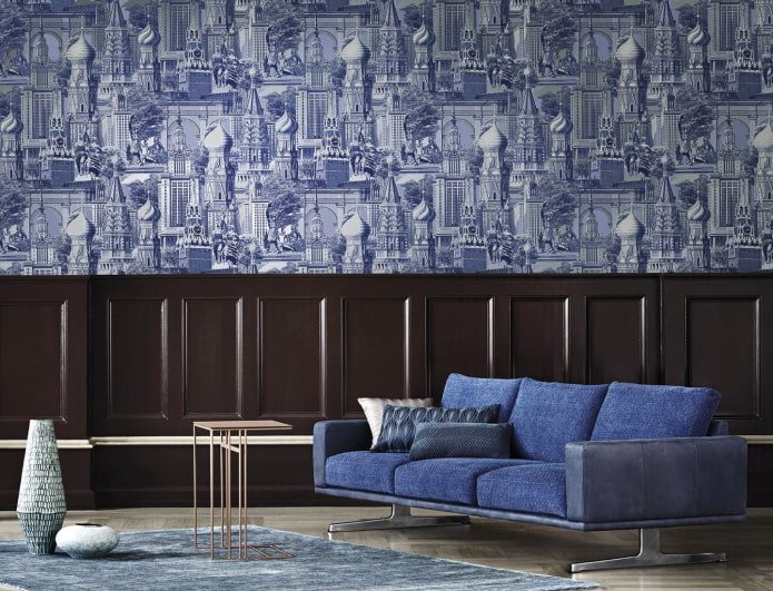 Papier peint bleu avec imprimé urbain pour l'intérieur