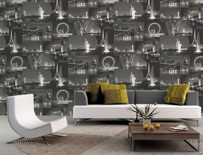 papier peint vinyle avec un motif urbain à l'intérieur