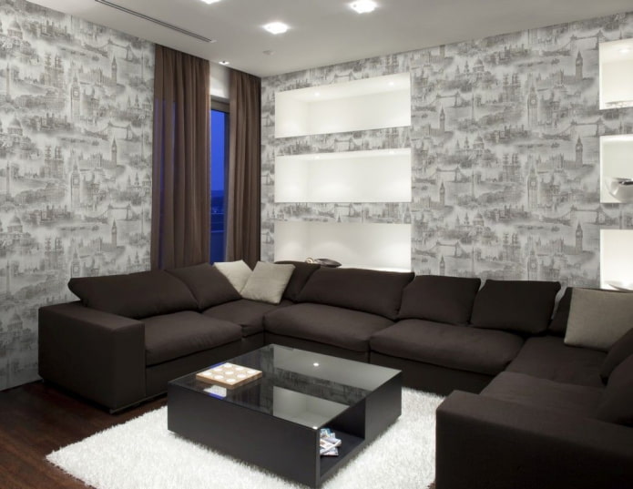 papier peint gris avec un imprimé urbain à l'intérieur